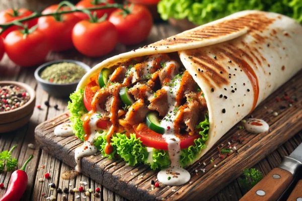 A delicious Dönrt wrap filled with spiced meat, fresh vegetables, and drizzled with sauce, cut in half to show the vibrant filling. Served on a rustic wooden table with fresh ingredients like tomatoes, lettuce, and herbs in the background.