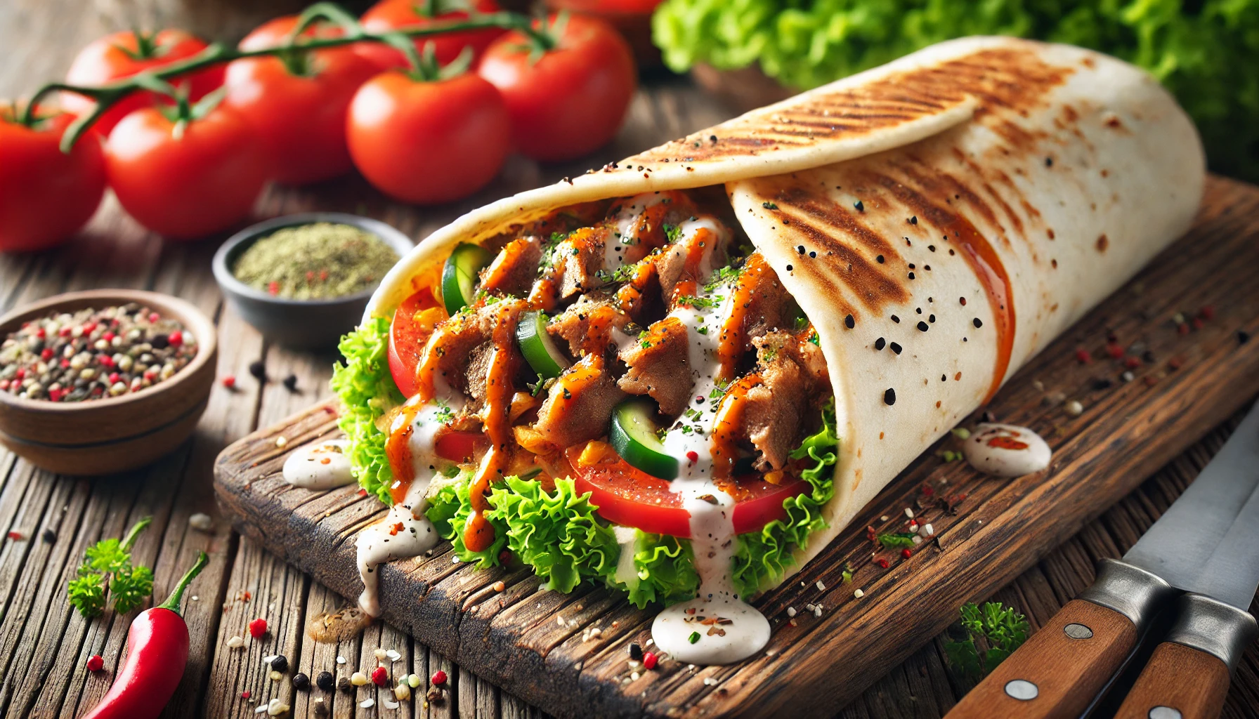 A delicious Dönrt wrap filled with spiced meat, fresh vegetables, and drizzled with sauce, cut in half to show the vibrant filling. Served on a rustic wooden table with fresh ingredients like tomatoes, lettuce, and herbs in the background.